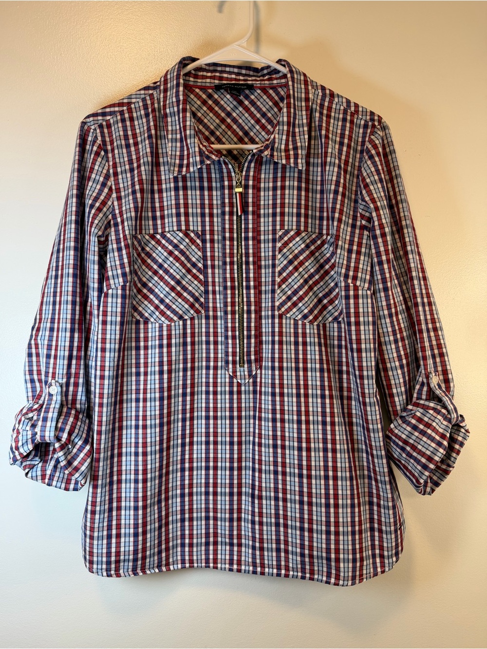 Tommy Hilfiger Red, Blue and White Plaid Half Zip Popover Shirt Women’s Large